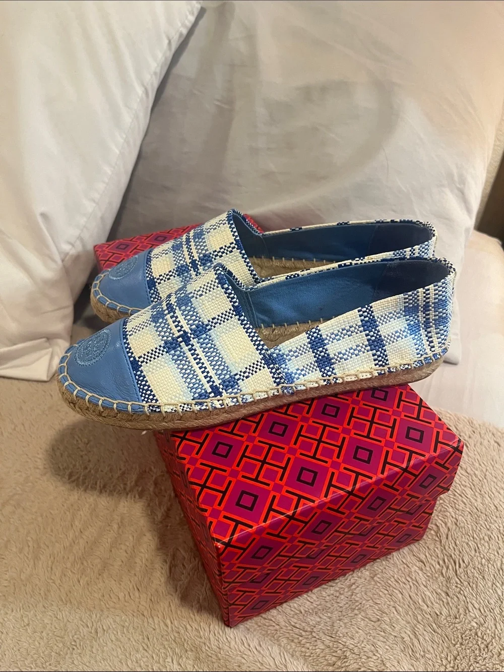 Tory Burch Blue and Cream Plaid Espadrilles
